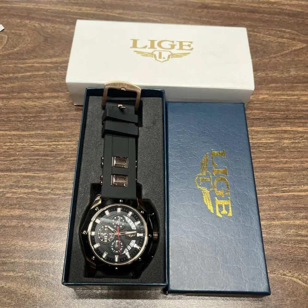 LIGE 1853 Dream Rose Gold Tone Chronograph Mens Quartz Watch New Battery EUC.
